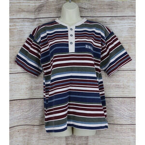 VINTAGE Enuf Womens Size Medium Crew Neck Oversize Striped T-Shirt Navy Maroon